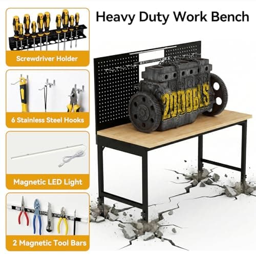 47.2'' Work Bench with Tool Holders, Adjustable Height Workbench with Pegboard, LED Light, Max Load 2000 LBS Work Table, Built-in Power Strip, Heavy Duty Tabletop for Woodworking Shop, Garage, Office 7