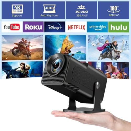 [180°Adjustable Stand] Smart Mini Projector with Android TV, Upgrade HY320 Portable Projector with WiFi and Bluetooth, 4K Support, Auto Keystone, Portable Ceiling Projector For ios and Android.