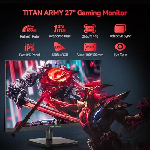 TITAN ARMY 27 Inch 180Hz 1440p Gaming Monitor, Fast IPS Panel, QHD 2K 2560 x 1440p, HDR 1ms GTG, Adaptive Sync Vertical Monitor, 120% sRGB, VESA 100 * 100 HDMI 2.0, DisplayPort 1.4, P27GR 2