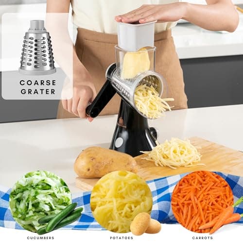 Brieftons 4-Blade Rotary Cheese Grater, Kitchen Food Cutter with Handle, Mandoline Vegetable Slicer, Nut Grinder, Hand Crank Shredder for Cheese, Vegetables, Fruits, Nuts, Easy to Use, Clean & Store 6