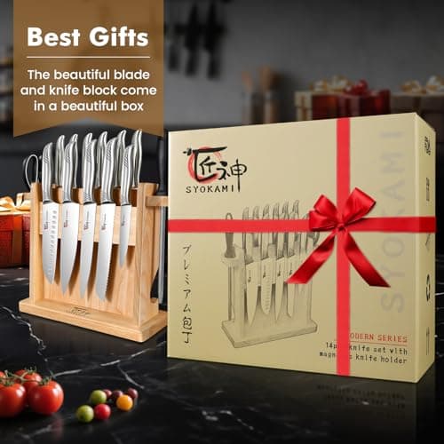 SYOKAMI Japanese Knives Set for Kitchen, Magnetic Knife Set with Block and Sharpener, Stainless Steel Knife Set as Gift for Couple, Wedding, Women or Mom with Gift Box, 14 PCS Black Dot 3