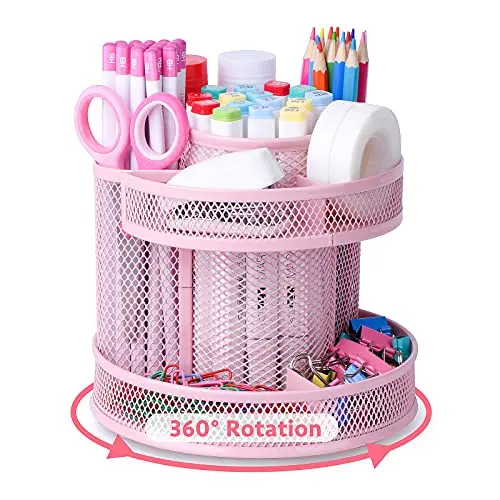 POPRUN Pink Kawaii Desk Supplies and Accessories, Cute Spinning Pen/Pencil Organizer, Rotating Desk Organizer Caddy for Office, School Classroom and Art Supply