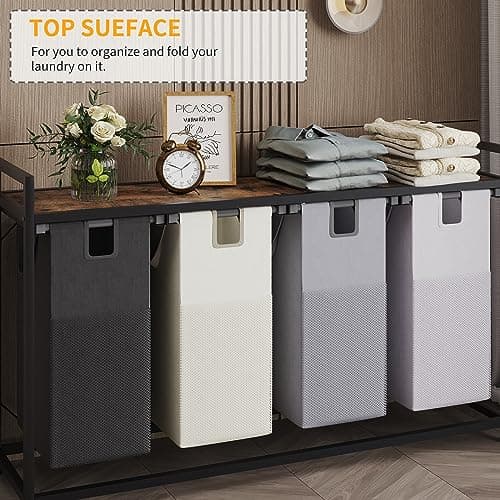 LIVEHOM Laundry Basket Four Laundry Hamper with Removable Bags, Fabric Handles, Large Top Shelf and Laundry Bag for Bathroom, Dorm, Laundry Room 7