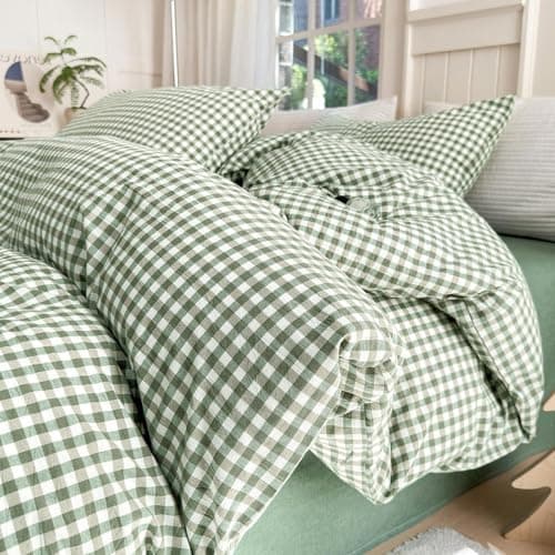 LifeTB Green Gingham Pillowcases Set Farmhouse Standard Size Pillow Shams Buffalo Green Plaid Pillowcases Set of 2, Grid Checkered Gingham Washed Cotton Pillow Covers with Envelope Closure, 20"×26" 7