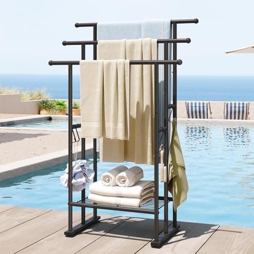 ELYKEN 3 Tier Standing Towel Rack, 40'' Tall Towel Drying Rack Outdoor, Freestanding Floor Towel Rack with Shelf, Pool Towel Blanket Stand, Metal Towel Racks for Bathroom freestanding, Matte Black 7