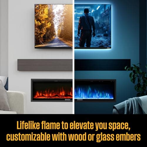 Westinghouse 50 Inch Electric Fireplace Heater, Compatible with Alexa & Google Home, Wall Mount or in-Wall Recessed Fireplace Insert, 24 Hour Timer, Color Changing Flames, 750W/1500W Indoor Heater 6