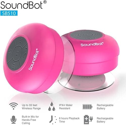 SoundBot® Waterproof Shower Speaker HD Water Resistant Bluetooth Handsfree Portable with Loud Clear Sounds 6+hrs of Playtime, Wireless Suction Cup Small Durable for Outdoors Travel Home SB510 (Pink) 3