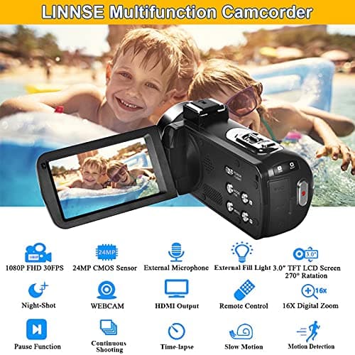 Video Camera Camcorder Full HD 1080P 30FPS 24.0 MP IR Night Vision Vlogging Camera Recorder 3.0 Inch IPS Screen 16X Zoom Camcorders Remote Control with 2 Batteries 6