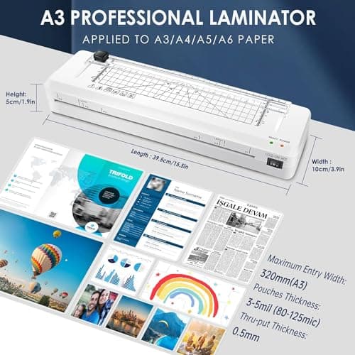 Laminator A3 Laminator Machine with 20 Laminating Pouches, 70s Fast Warm-up, Built-in Paper Trimmer, Corner Rounder, 13-inch Cold and Thermallaminating Machine for Home Office School 7