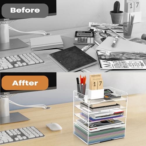 POCFOINY 5 Tier Paper Organizer for Desk, Acrylic Desk Organizer, Stackable Paper Tray Letter Tray, Acrylic File Organizer with Handles, Clear Paper Sorter for Home, Office Accessories Organization 7