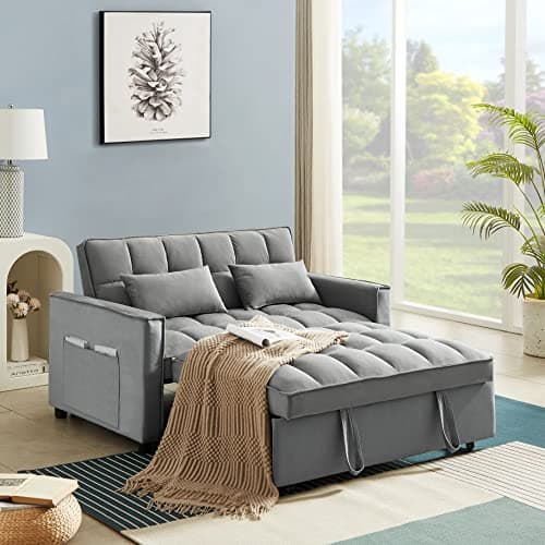 Alberobelo Convertible Sleeper Sofa Bed, Modern Chenille 3-in-1 Futon Couch Pullout Bed with Adjustable Backrest, Storage Pockets and Toss Pillows, Sofa Bed Couch for Living Room, Bedroom, Gray