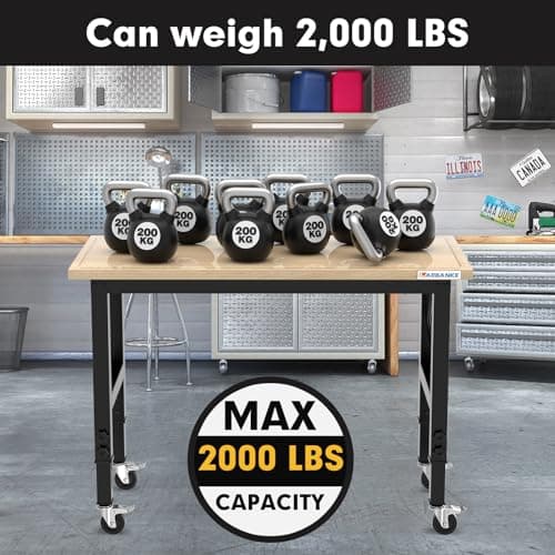 LARBANKE 48" Heavy-Duty Adjustable Workbench with Brake Wheels,Hardwood Worktable Weight Capacity Over 2000 Lbs,Rubber Wood Workbench has Adjustable 5 Different Heights,for Workshop,Garage,Office,Home 6