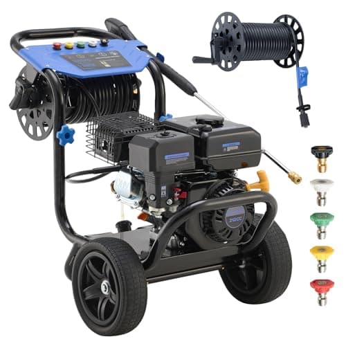 Ezasin Gas Pressure Washer 3600 PSI with Hose Reel, 2.3 GPM Heavy Duty High Power Washer, 212CC Engine with 30FT Hose, Axial Aluminum Pump, Soap Tank, Spray Gun and Wand, 5 Quick Connect Nozzle (Blue)