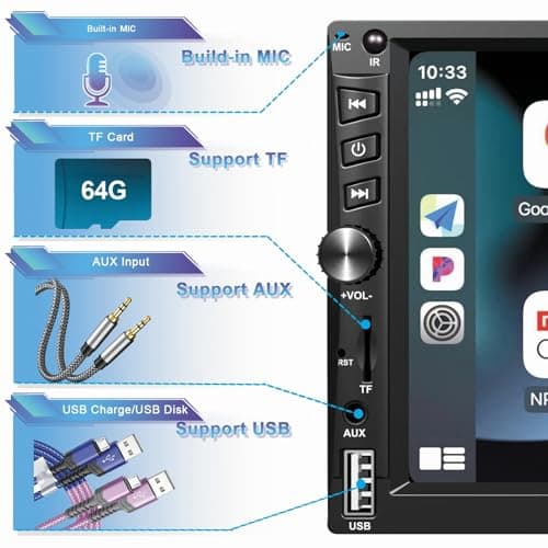 Wireless Double Din Car Stereo Works with Apple Carplay,7 Inch HD 1024 * 600 Touchscreen with Bluetooth 5.1,FM Car Radio,GPS Navigation,Backup Camera,Android Auto,Voice Control,USB/AUX/TF/SWC 6