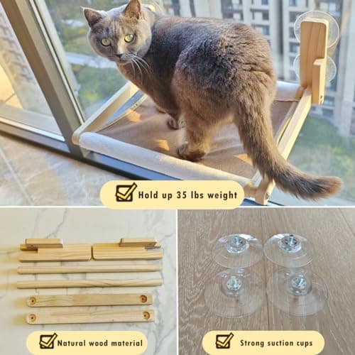 GesomePurrz Foldable Cat Window Perch, Natural Wood, 16.5''×12'' Hammock, 35 lbs Weight Limit, Cat Window Hammock for Small Size Windows 5