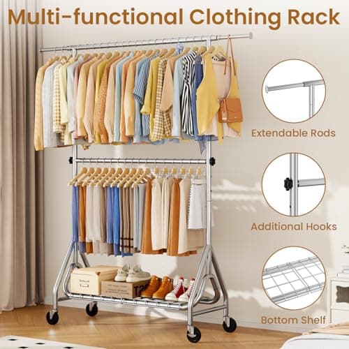 JIEJIERUI Heavy Duty Clothes Rack for Hanging Clothes, Double Rods Clothing Rack with Lockable Wheels, Rolling Garment Racks with Shelf, Easy to Assemble, Silver 4