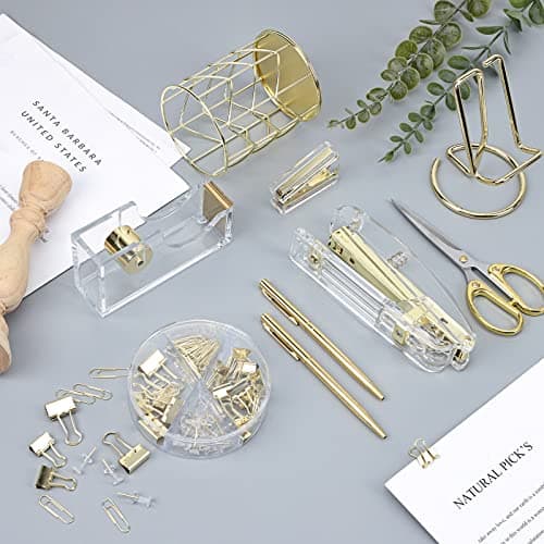 EOOUT Gold Office Supplies Set Desk Accessories, Acrylic Stapler Set Staple Remover, Phone Holder, Tape Holder, Pen Holder, 2 Ballpoint Pen, Scissor, Binder Clips, Ruler, Transparent Glue and Staples. 7