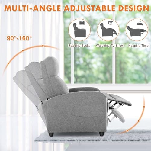 Recliner Chair for Adults, Massage Fabric Small Recliner Sofa Home Theater Seating with Lumbar Support, Adjustable Modern Reclining Chair with Padded Seat Backrest for Living Room (Light Grey) 7