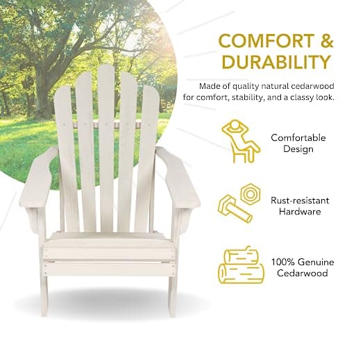Shine Company Westport Wooden Adirondack Chair, Outdoor Patio Firepit Chairs, Back & Seat Pre-Assembled, Eggshell White 2