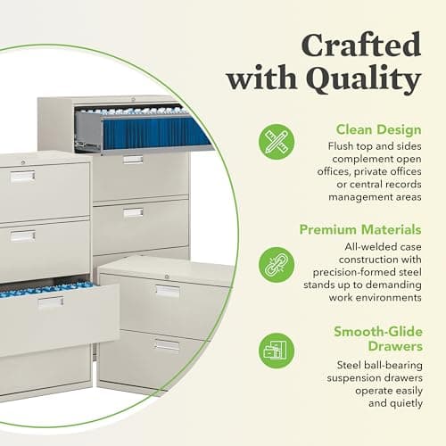 HON 4 Drawer Lateral File Cabinet with Lock, Metal Filing Cabinets for Offices, Adjustable Hangrails for A4, Legal, Letter Files, 18" Deep, Light Gray 5