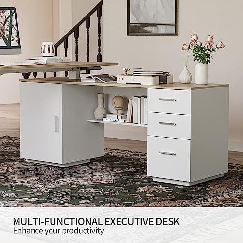FEZIBO Electric Height Adjustable Stand up Desk for Home Office, 63" L Shaped Executive Standing Desk with 3-Drawer File Cabinet, Computer Desk with Storage Cabinets, White Frame/Light Walnut Top 5