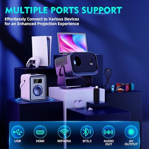 XBJ K6 Portable Projector with WiFi and Bluetooth, Electric Focus, Auto Keystone, 1080P HD 4K Support, Smart Projector Built-in Apps, Mini Projector for Outdoor & Home Movie, Compatible with TV Stick 5