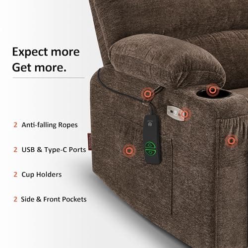 MCombo Power Lift Recliner Chair for Elderly, Lift Chair with Heat and Massage, USB &Type C Ports, Cup Holders, Fabric 7095 (Medium, Mocha) 9