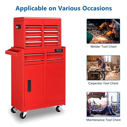 TUFFIOM 5-Drawer Rolling Tool Chest, Tool Storage Cabinet w/Drawers, Lockable Wheels, Detachable Top & Adjustable Shelf, Mechanic Tool Organizer Box for Garage, Workshop, Warehouse & Repair Shop 9