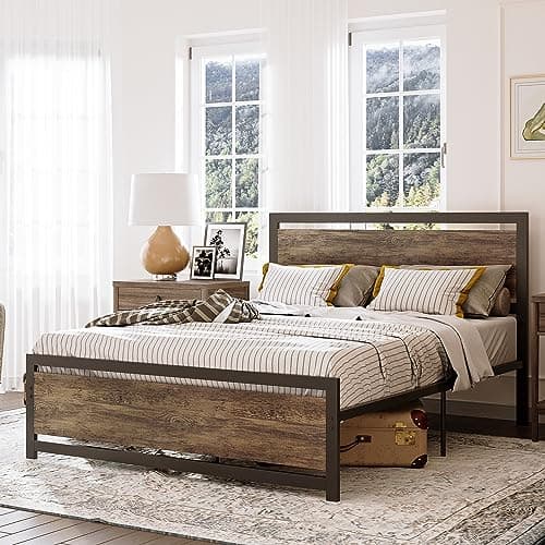 LIKIMIO Full Bed Frame with Headboard and Footboard, Metal Strong Supports, Easy Assembly, Noise-Free, No Box Spring Needed, Walnut