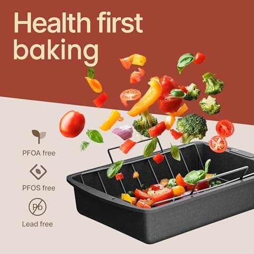 BAKKEN Nonstick Turkey Roasting Pan with Rack – 17 X 13 inch, Large Heavy-Duty Carbon Steel Roasting Pan, Wide Handles, Versatile for Baking, Grilling, & Roasting, Oven Safe Up to 450°F, Gray Marble 7