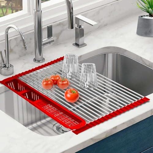 CLNGAI Roll Up Dish Drying Rack,Expandable Over The Sink Dish Drainer,Stainless Steel Kitchen Rolling Sink Rack with Utensil Holder,Length Up to 22.3" (Red, Large)