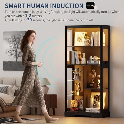 HNEBC 71'' Display Cabinet with 5-Tier and 3 Color Lights for Books Toys Liquor,Curio Cabinet with Human Body Bookcases for Bedroom, Living Room,Black 5