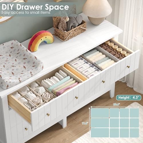 FOTOSOK White Dresser, Chest of Drawers, Modern 6 Drawer Double Dressers with Deep Drawers, Nursery Dresser for Baby, Wide Storage Organizer Cabinet for Living Room, Hallway,White 9