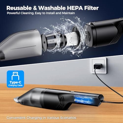 Antaha Handheld Vacuum Cordless -Car Vacuum Portable Cordless Cleaner with 11000Pa Powerful Suction,1.2lbs Lightweight, Type-C Charge, Multiple Accessories, Portable Hand Vacuum for Home, Pet and Car 6