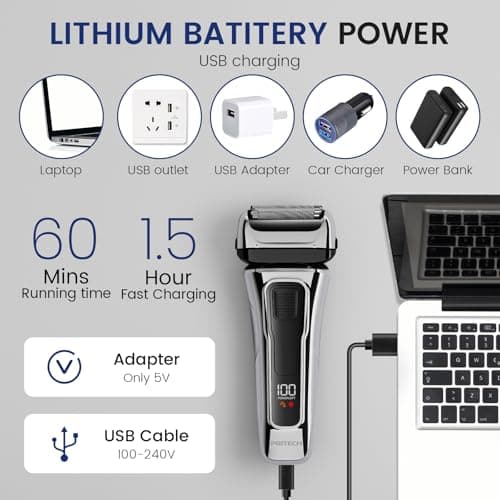 PRITECH Foil Shaver for Men, Electric Razor with Tight Foil Technology, Skin-Friendly Design, Easy Blade Replacement, Cordless Rechargeable with Pop-Up Trimmer, LED Display,Waterproof 7