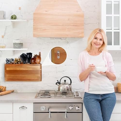 Wooden Kitchen Utensil Holder Organizer for Counter or Countertop, Large Wooden Utensil Holder for Storage Cooking and Silverware with 4 Compartment, Acacia Rustic Wood Container Extra Large 6