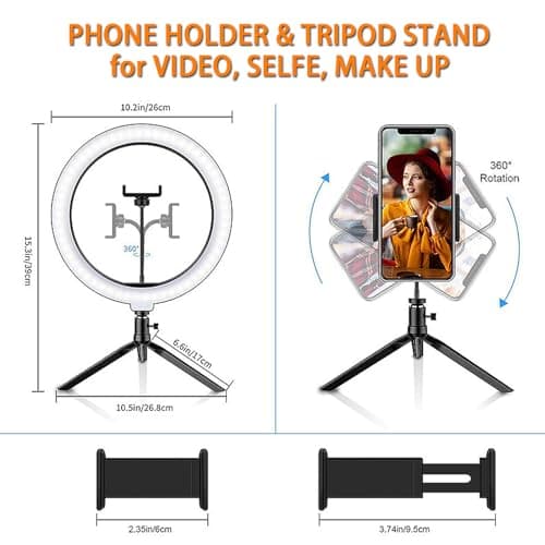 10" Desk Ring Light with Tripod Stand, 3 Light Modes & 11 Brightness Level, Adjustable Selfie Phone Halo Light with Cell Phone Holder for Video Recording, Makeup, Computer Laptop Zoom Meeting 6