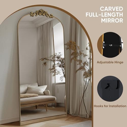 Antok Arched Full Length Mirror, 71"x28" Floor Mirror with Carved Frame, Standing/Wall Hanging Large Mirror for Bedroom, Living Room, Cloakroom, Bronze, Retro Style 5