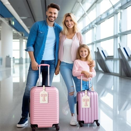 Initial Luggage Tag, PU Leather Luggage Tag, Embroidered Luggage Tag, Letter Luggage Tag, Monogrammed Luggage Tag, Luggage Tag for Baggage Bag Suitcase (T, White Leather+Pink Letter) 5
