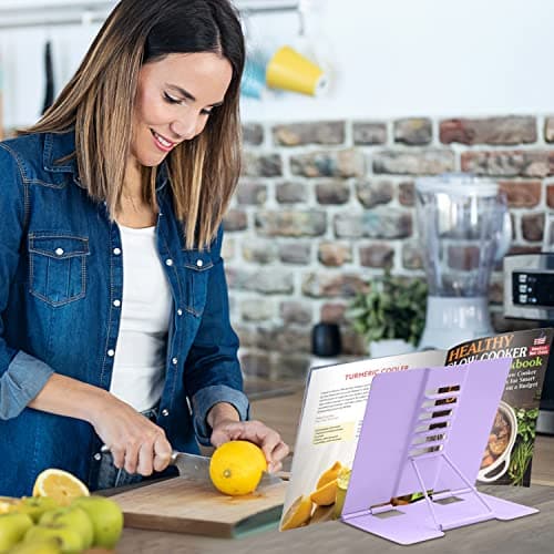 Honagu Metal Desk Book Holder, Hands Free Adjustable Cookbook & Document Holder, Portable Bookstand for Music Books, Textbooks, Recipes, Tablets & iPads (Purple) 6