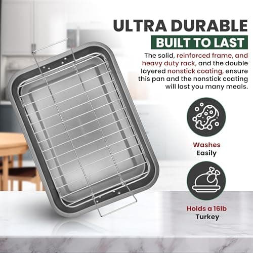 Large Roasting Pan With Rack 12” X 16” - Non Stick Large Roaster Pan and Flat Rack With Foldable Handles - Roasting Pans for Ovens to Elevate Food for Even Heating - Dishwasher Safe Turkey Roast Pot 5