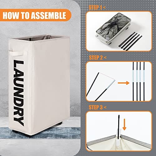 Caroeas 22" Rolling Slim Laundry Basket with Stand Foldable Waterproof Sorter and Organizer on Wheels Tall Thin Dirty Laundry Hamper Basket Home Corner Bin (Beige) 4