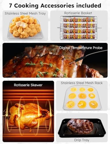 Nuwave Brio Air Fryer Oven, 15.5Qt X-Large Family Size, SS Rotisserie Basket &-Skewer Kit, Powerful 1800W, 50F-425F Temp Controls, Integrated Smart Thermometer 6