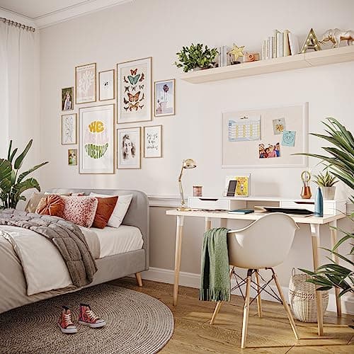 U Brands Farmhouse Linen Bulletin Board, 30" x 20", White Wood Frame, Wall Mounted Pin Board for Home Office, Classroom & Kitchen, Includes Push Pins 6