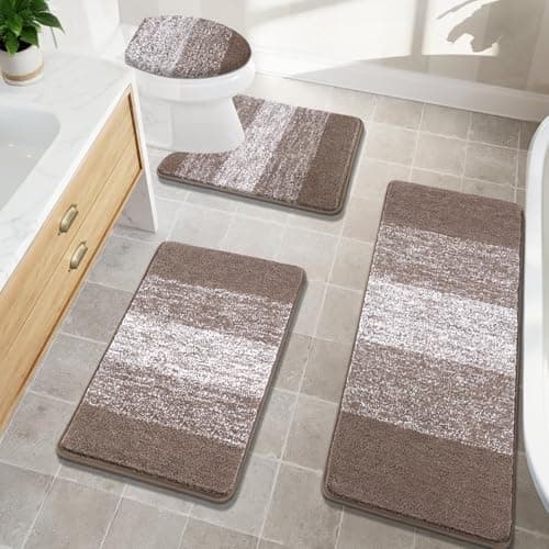Bsmathom Bathroom Rugs Sets 4 Piece with Toilet Lid Cover, Non-Slip Bathroom Rugs and Mats Sets, Absorbent Bath Rugs Microfiber Shaggy Machine Washable Bath Rug Set, Coffee