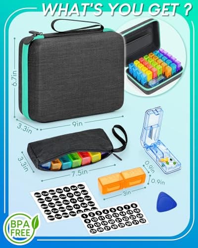 Monthly Pill Organizer 2 Times a Day, with Portable Hard Shell, Pill Cutter, 31-Day Box, Plastic Opening Pick, Monthly & Weekly Stickers, Convenient Medication Management (Black, 2 Times a Day) 7