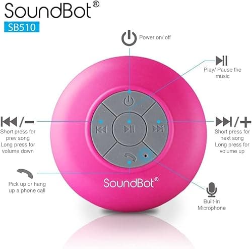 SoundBot® Waterproof Shower Speaker HD Water Resistant Bluetooth Handsfree Portable with Loud Clear Sounds 6+hrs of Playtime, Wireless Suction Cup Small Durable for Outdoors Travel Home SB510 (Pink) 4