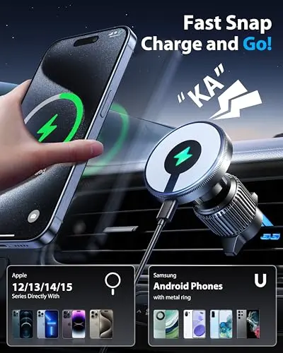 Guceful Wireless Charger for Car 15W [Military Grade Powerful Magnetic] Hands Free Adjustable for Magsafe Car Mount Vent Universal Magnetic Phone Holder for Car Fits iPhone 15 14 13 12 Pro Max All 7