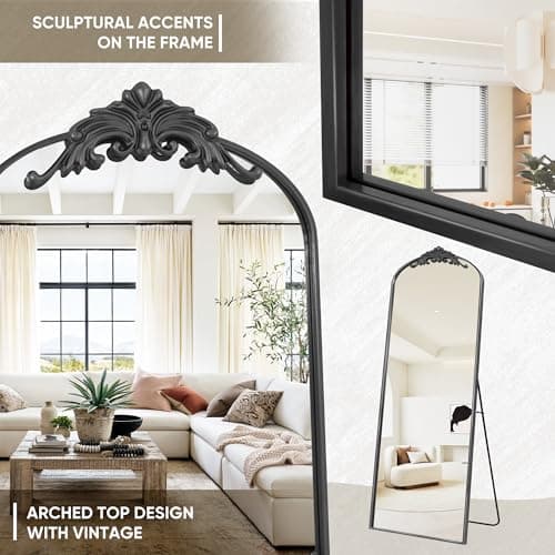 Antok Arched Full Length Mirror, 64"21" Floor Freestanding With Carved Metal Frame, Traditional Vintage Ornate Baroque, Full Body for Home Decor, Hanging Mounted, Black 5