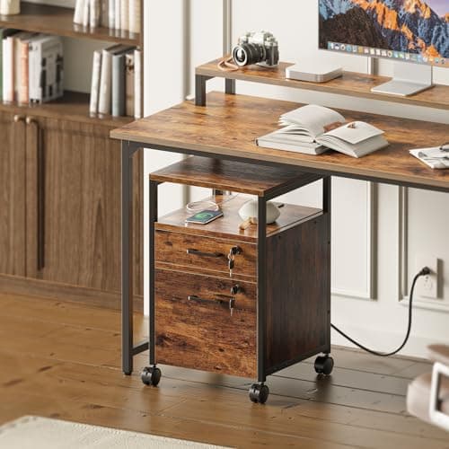 SUPERJARE File Cabinet with Lock & Charging Station, 2 Drawers Rolling Filing Cabinet, Office File Cabinet with Wheels & Open Shelf, for Home Office, A4/Letter Size Files - Rustic Brown 6